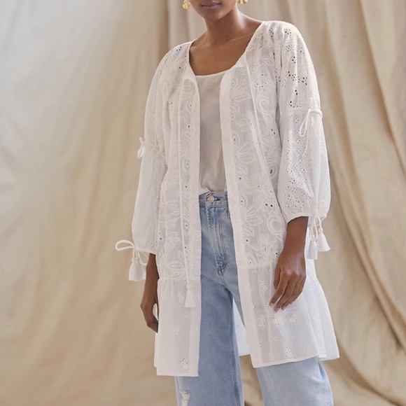 Maeve Anthropologie White Embroidered Eyelet Boho Puff Sleeve Cardigan One Size - Picture 1 of 10